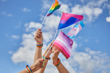 Several arms holding up a variety of LGBT flags, against a background of blue sky