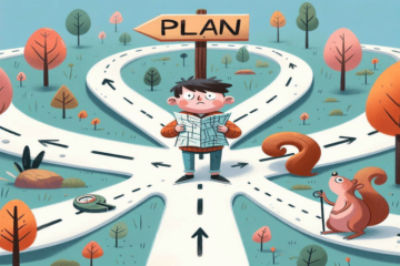 A cartoon image of a boy holding a map at a woodland crossroads, looking confused, in front of a sign saying 'plan'.